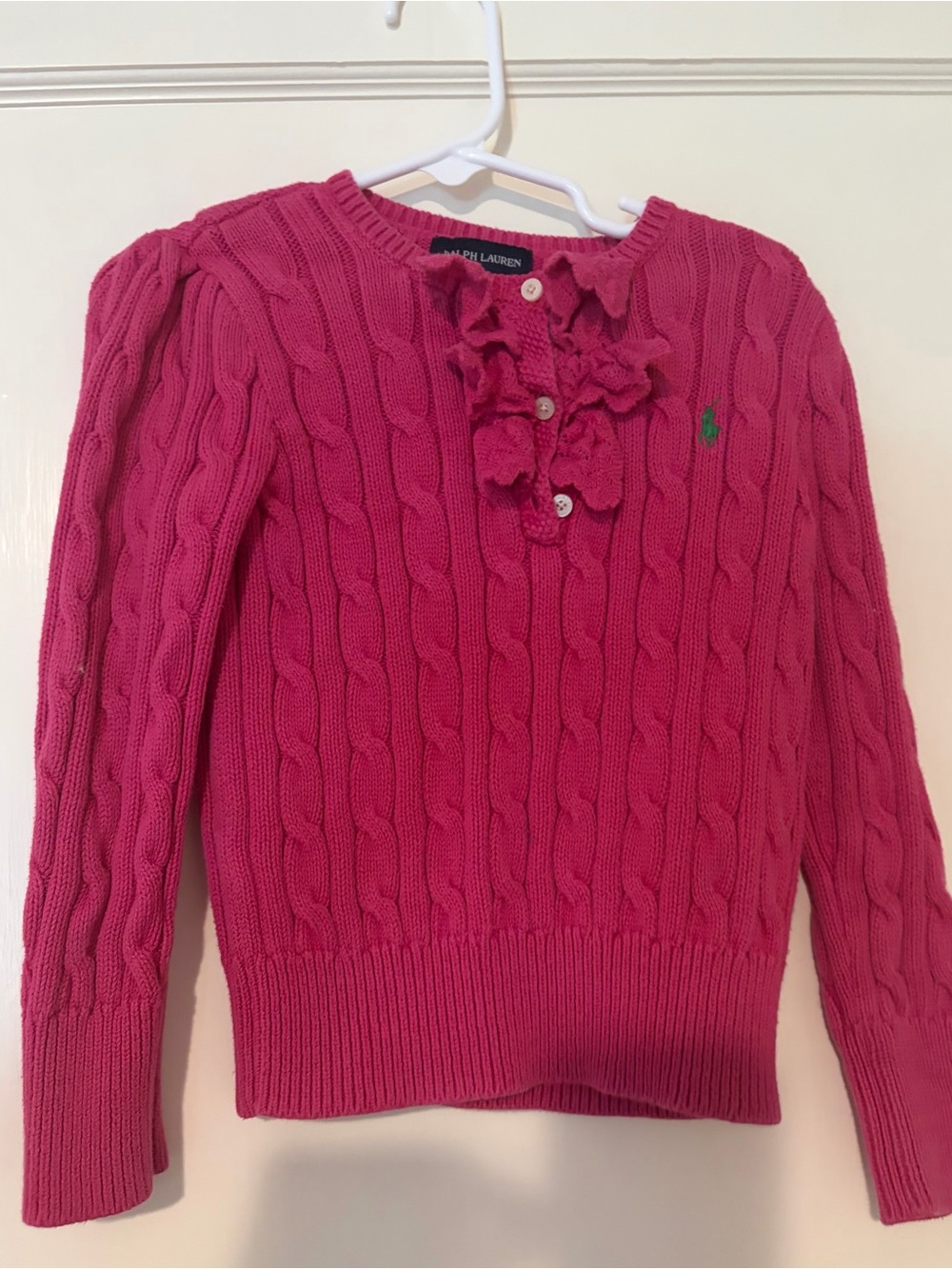 Ralph Lauren Girls' Hot Pink Cable-Knit Ruffle sweater
